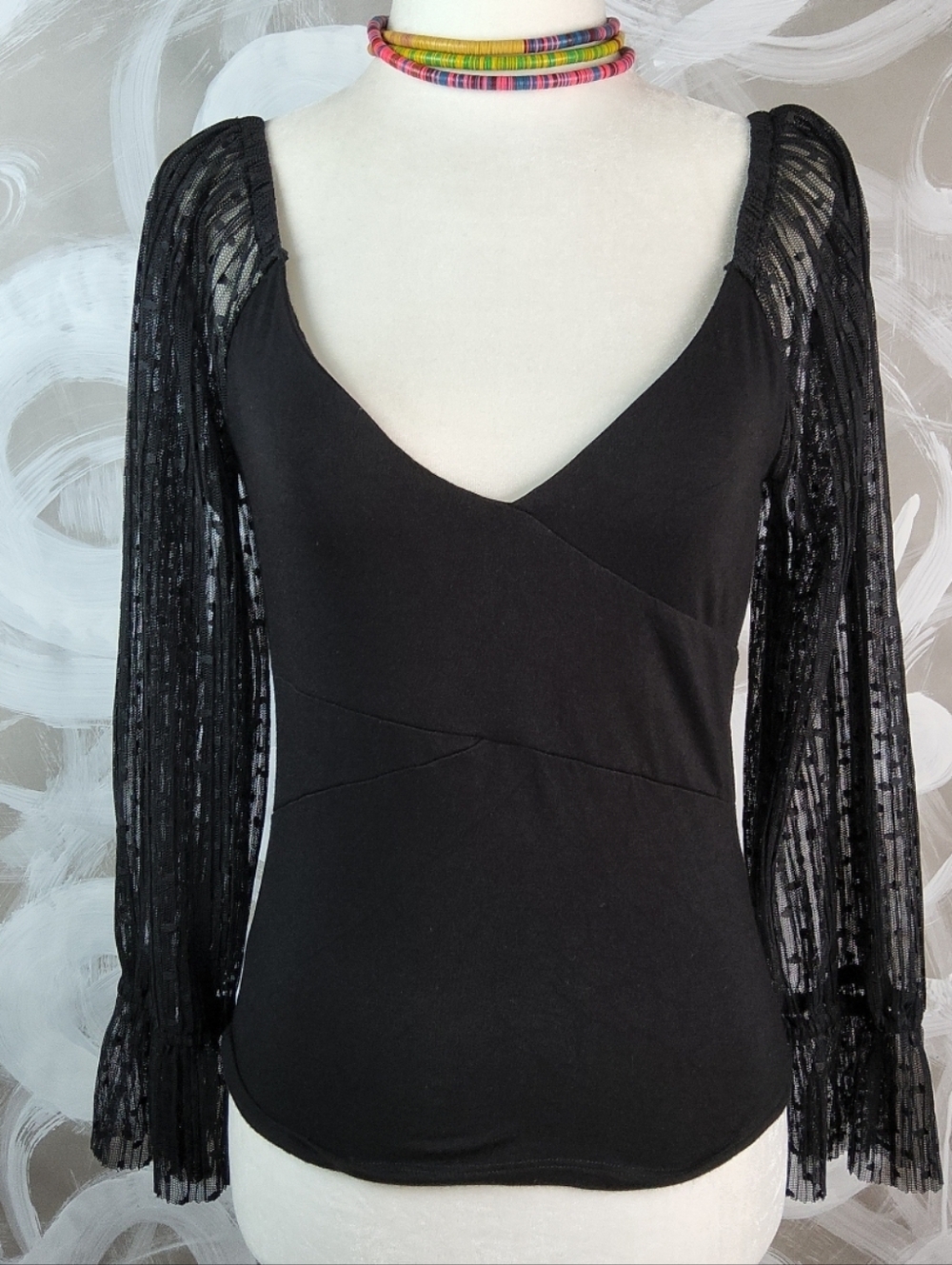 1.STATE Wmns Sz S Black Low V Tshirt Long Sheer Lacy Sleeve Top Blouse SexyCore
